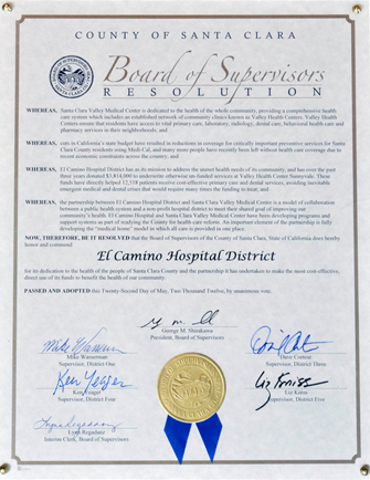 Image of Santa Clara County Board Resolution for Successful Partnership in providing medical care to residents